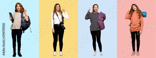 Set of travel woman, photographer, student and in pajamas intending to realizes the solution while lifting a finger up