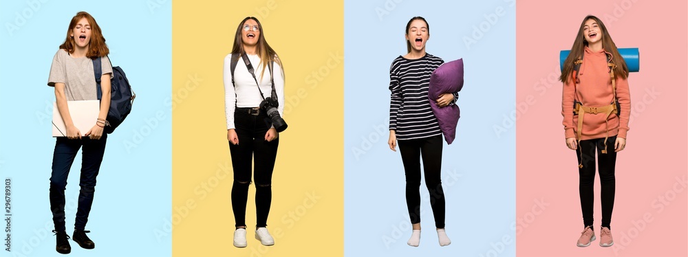 Set of travel woman, photographer, student and in pajamas shouting to the front with mouth wide open Set of travel woman, photographer, student and in pajamas shouting to the front with mouth wide open