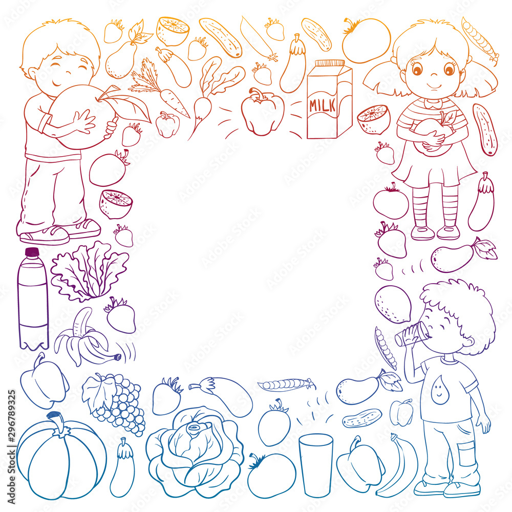 Vector pattern with children eating healthy food. Fruits and vegetables. Kids like milk, dairy products. Pattern for store, mall, menu, cafe, restaurants.