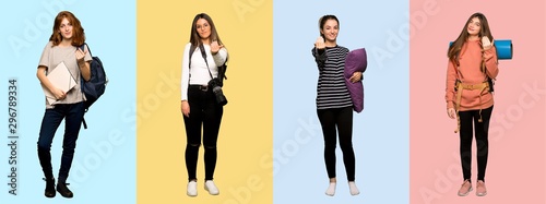 Set of travel woman, photographer, student and in pajamas inviting to come with hand. Happy that you came