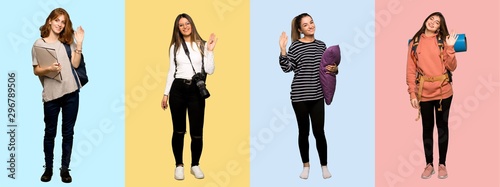 Set of travel woman, photographer, student and in pajamas saluting with hand with happy expression