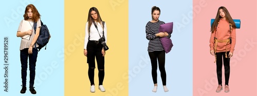Set of travel woman, photographer, student and in pajamas with sad and depressed expression