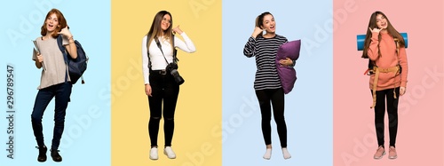 Set of travel woman, photographer, student and in pajamas making phone gesture. Call me back sign