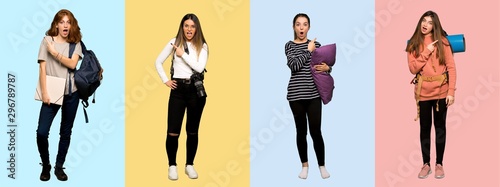 Set of travel woman, photographer, student and in pajamas surprised and pointing side