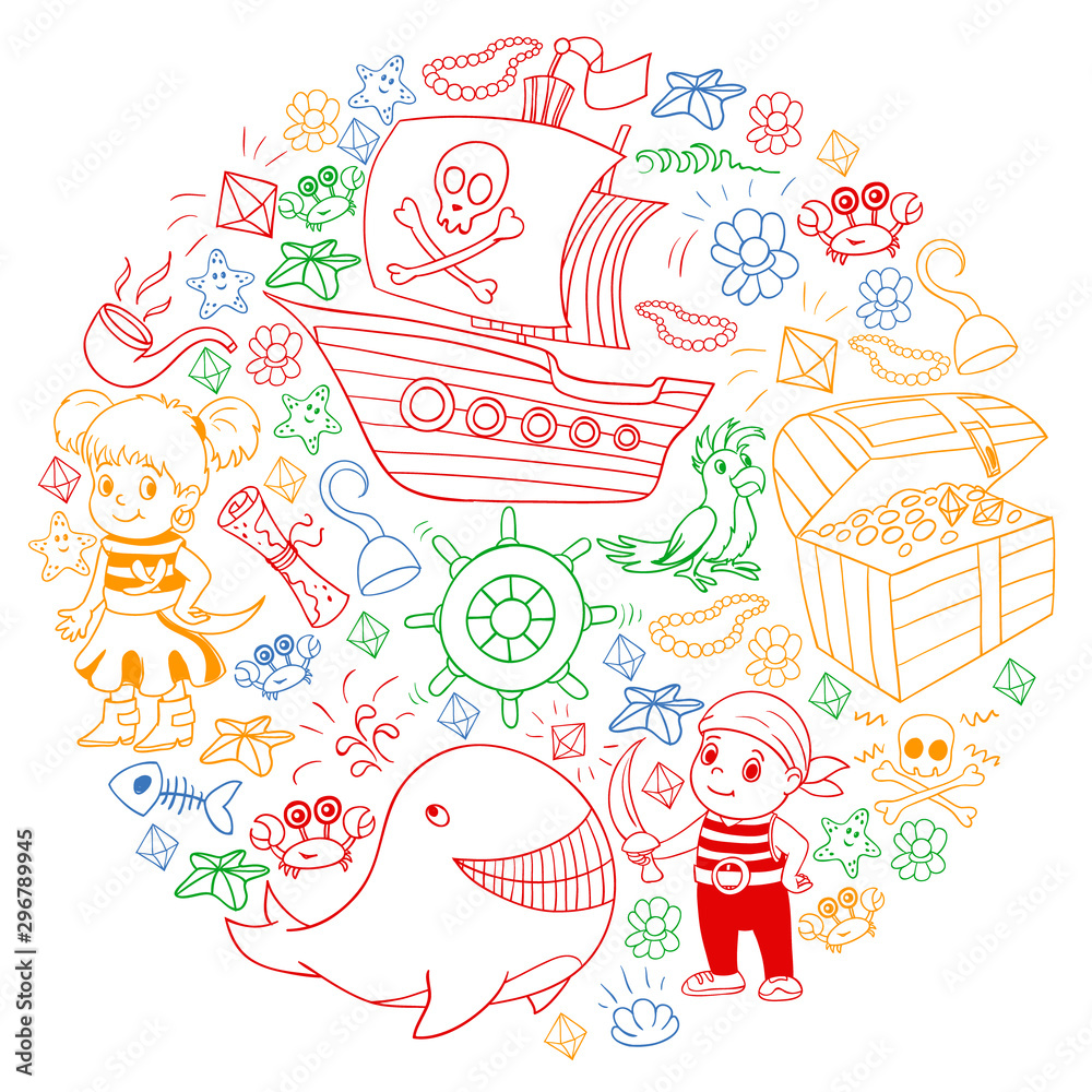 Vector set with pirate elements for birthday party for little children. Kids pattern with octopus, beach, treasure chest, ship