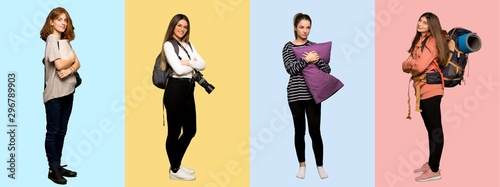 Set of travel woman, photographer, student and in pajamas with arms crossed and looking forward