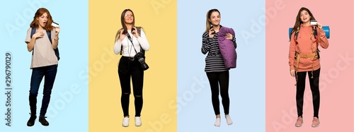 Set of travel woman, photographer, student and in pajamas holding a credit card and surprised