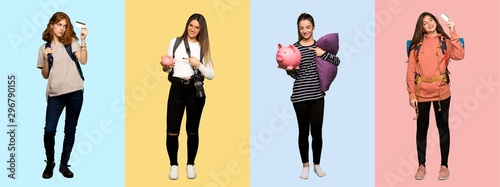 Set of travel woman, photographer, student and in pajamas taking a credit card without money