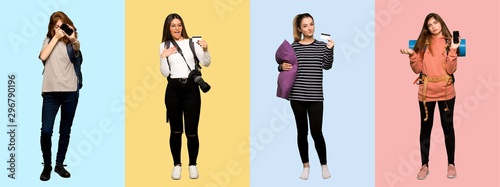 Set of travel woman, photographer, student and in pajamas upset with a broken phone