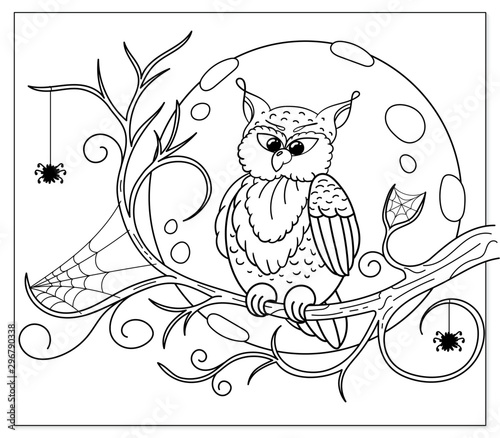 Fototapeta Naklejka Na Ścianę i Meble -  Coloring page with halloween owl for kids colouring book