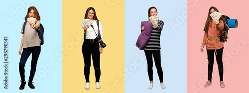 Set of travel woman, photographer, student and in pajamas taking a lot of money