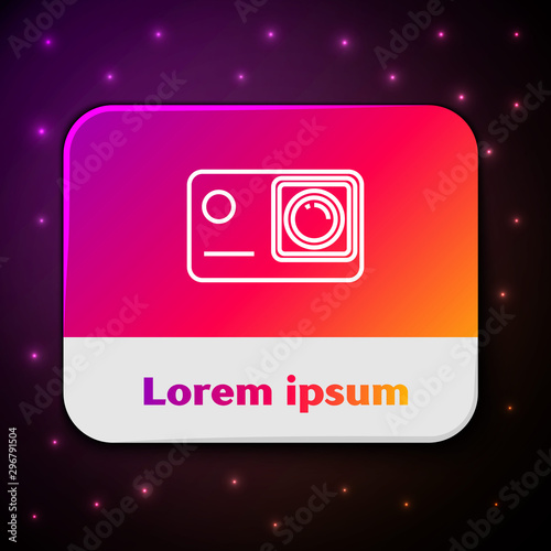White line Action extreme camera icon isolated on black background. Video camera equipment for filming extreme sports. Rectangle color button. Vector Illustration