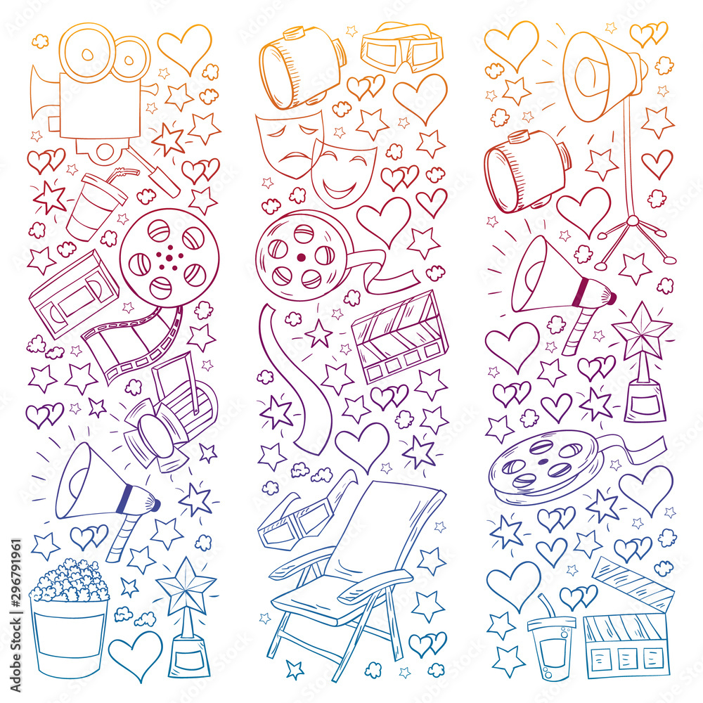 Vector pattern with cinema icons. Movie Theater, TV, popcorn, video clips, musical Vector pattern with cinema icons. Movie Theater, TV, popcorn, video clips, musical
