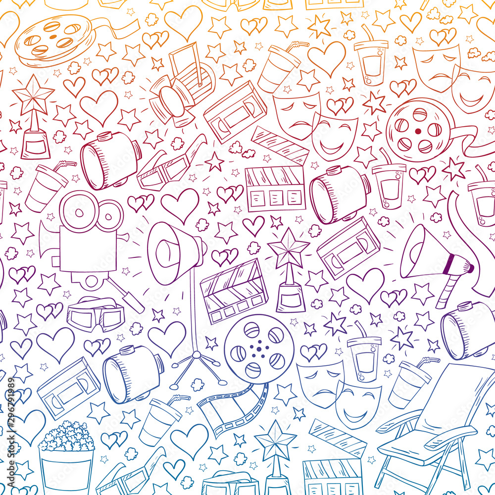 Vector seamless pattern with cinema icons. Movie Theater, TV, popcorn, video clips, musical
