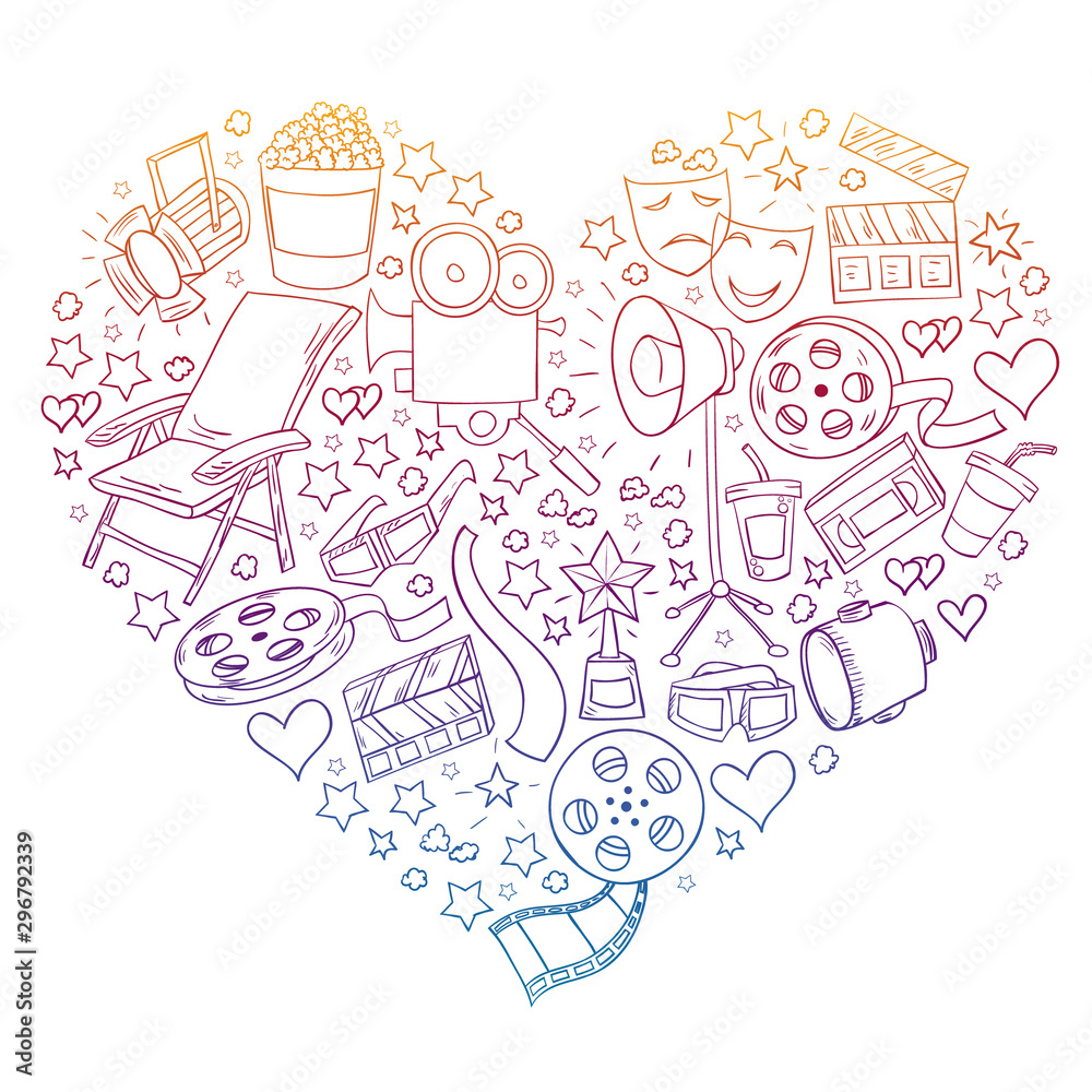 Vector pattern with cinema icons. Movie Theater, TV, popcorn, video clips, musical Vector pattern with cinema icons. Movie Theater, TV, popcorn, video clips, musical