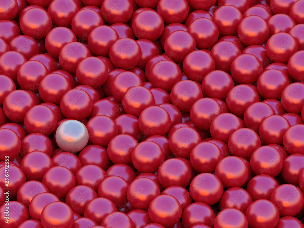 Abstract background with red balls and single white; concept of isolation 3d rendering, 3d illustration Abstract background with red balls and single white; concept of isolation 3d rendering, 3d illustration