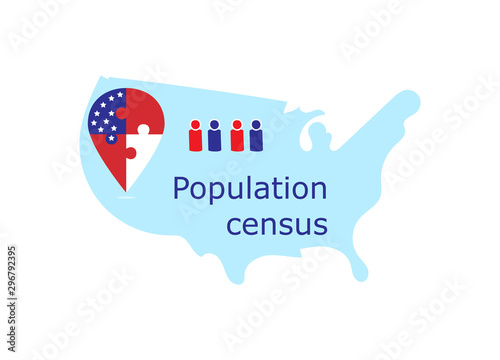 Population census in the USA. Map of the United States, people silhouettes, geolocation sign in the colors of the national flag. Vector illustration isolated on a white background.