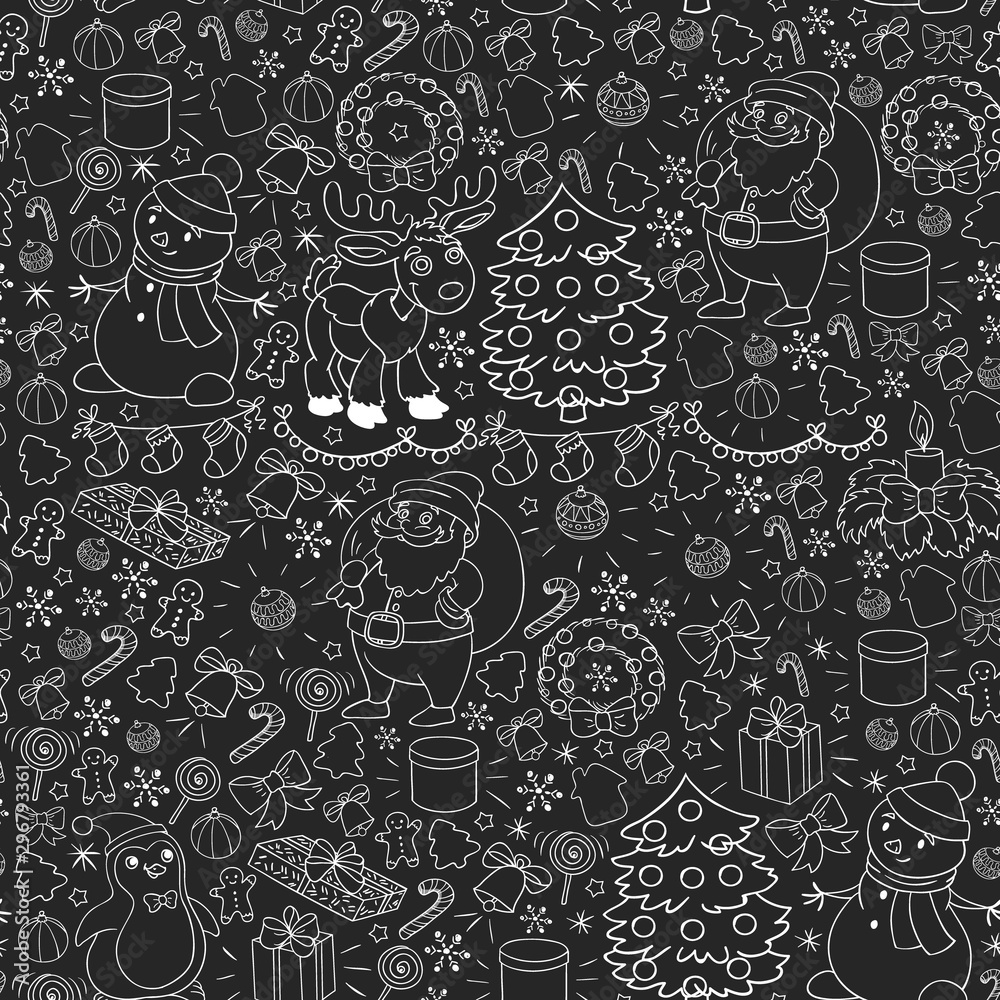 Merry Christmas and happy new year. Santa Claus, deer, snowman, penguin. Vector seamless pattern. Merry Christmas and happy new year. Santa Claus, deer, snowman, penguin. Vector seamless pattern.