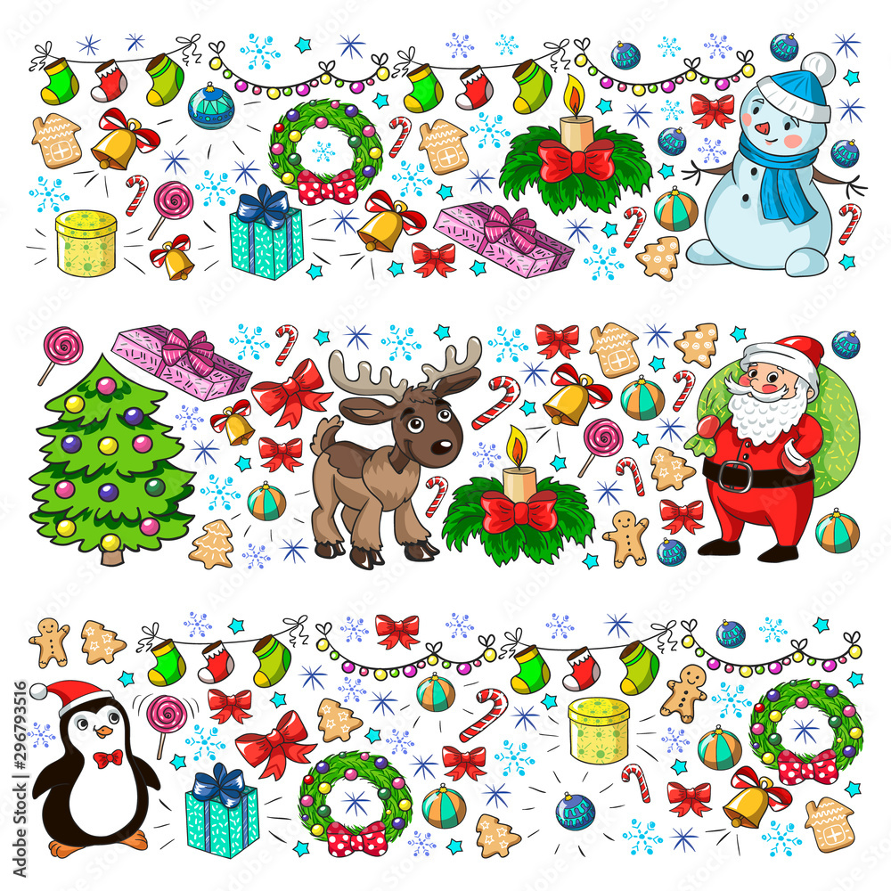 Naklejka premium Merry Christmas and happy new year. Santa Claus, deer, snowman, penguin. Vector pattern.