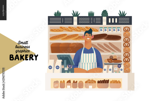 Bakery -small business illustrations -bakery vendor -modern flat vector concept illustration of a shop assistant wearing apron at the counter with display case and shelves full of bread behind