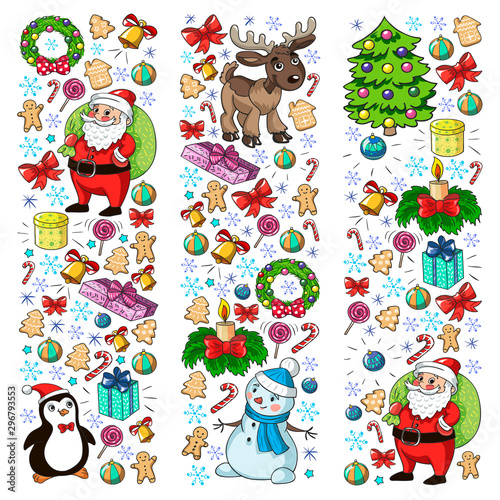 Fototapeta Naklejka Na Ścianę i Meble -  Merry Christmas and happy new year. Santa Claus, deer, snowman, penguin. Vector pattern.
