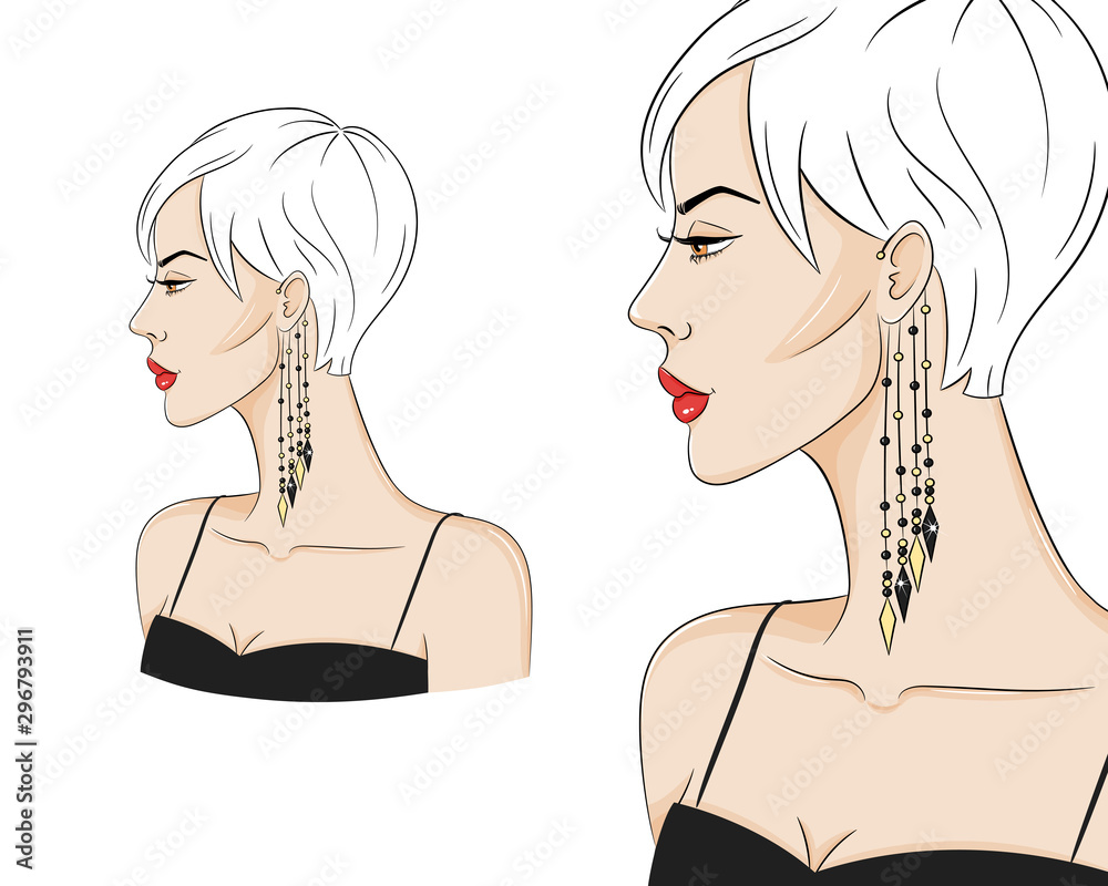 Beautiful woman in profile, wearing stylish jewelry, vector sketch illustration. Fashion model with cuff earrings Beautiful woman in profile, wearing stylish jewelry, vector sketch illustration. Fashion model with cuff earrings