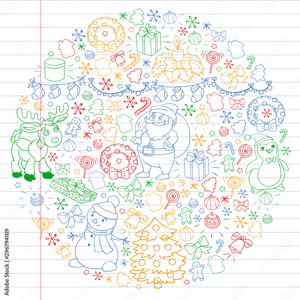 Merry Christmas and happy new year. Santa Claus, deer, snowman, penguin. Vector pattern. Merry Christmas and happy new year. Santa Claus, deer, snowman, penguin. Vector pattern.