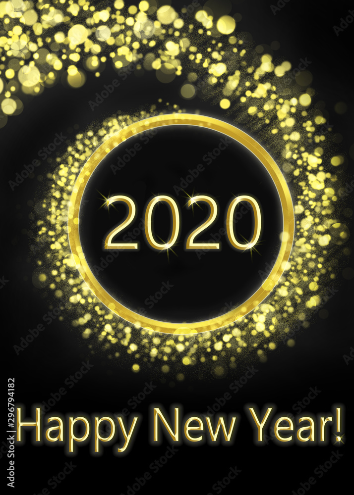 greeting card with happy new year, gold and black with inscription happy new year 2020