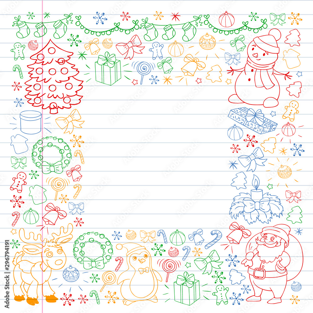 Merry Christmas and happy new year. Santa Claus, deer, snowman, penguin. Vector pattern.