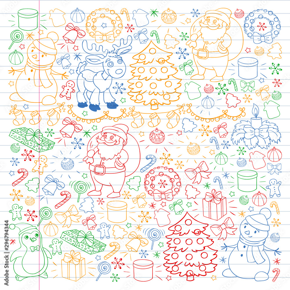 Obraz premium Merry Christmas and happy new year. Santa Claus, deer, snowman, penguin. Vector pattern.