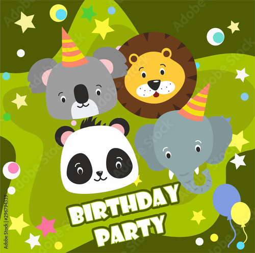 Happy birthday party background with cute cartoon animal