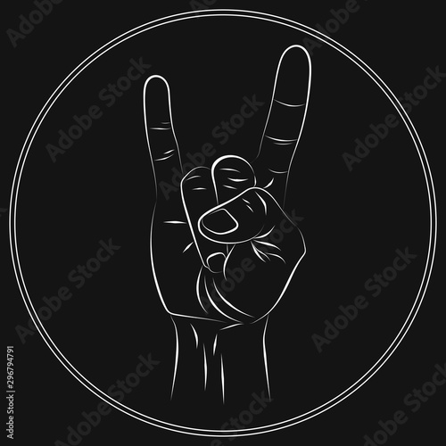 Sign of the horns scetch in round double-line frame. Comics cartoon style. Lines and strokes