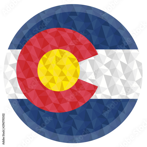 Round badge or button Colorado, U.S.A., low poly flag with lightening on the edge