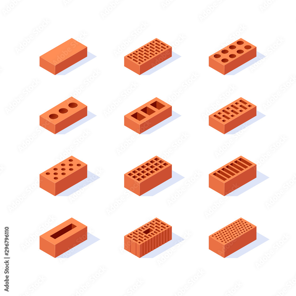 Brick isometric icons in flat style, vector