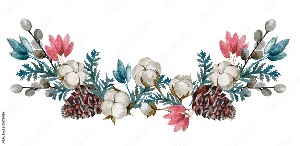 watercolor dried flowers, cotton, cones. - obrazy, fototapety, plakaty 