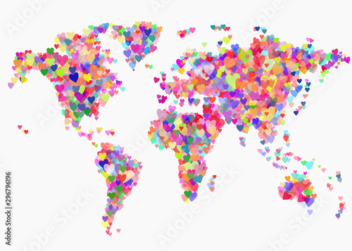 Creative World map with colorful hearts. Planet Earth with love symbol. Tolerance, peace and love concept. Abstract illustration