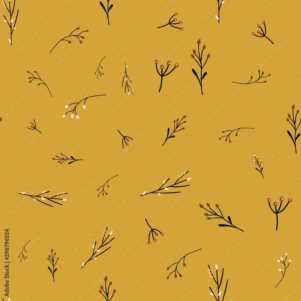 Abstract black florals on gold yellow seamless vector nature fall background. Stylized wildflower grass shapes autumn pattern. Whimsical pattern for fabric, digital paper, home decor, Thanksgiving Abstract black florals on gold yellow seamless vector nature fall background. Stylized wildflower grass shapes autumn pattern. Whimsical pattern for fabric, digital paper, home decor, Thanksgiving