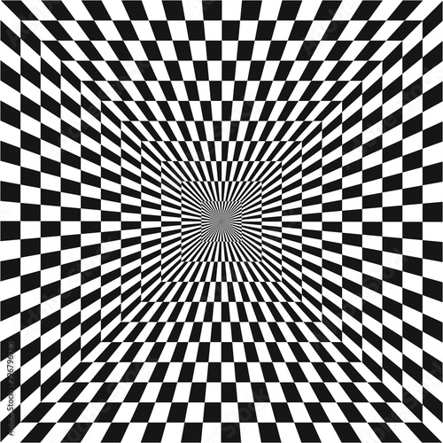 Abstract optical illusion of B&W tunnel out into the distance, black and white geometric pattern, psychedelic, chess board, OP art, Optical art as background pattern - vector, illustration