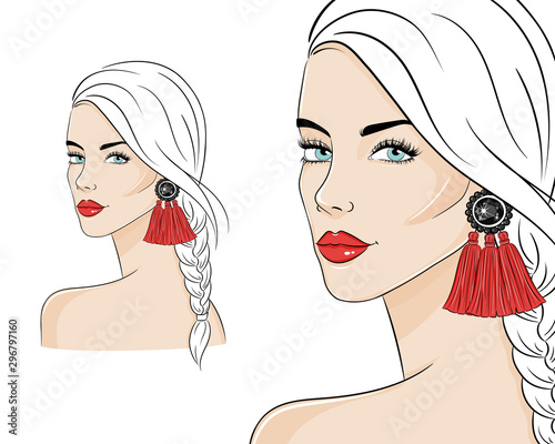 Beautiful woman wearing stylish jewelry, vector sketch illustration. Fashion model with red long tassel earrings.