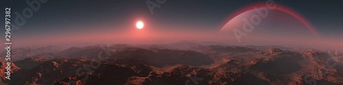 Panorama of an alien landscape. Sunset on Mars. Alien sunset. 3d rendering.