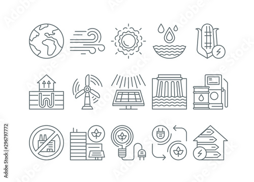 Alternative energy resources line black icons set. Green city vector pictograms. Eco friendly. Environment protect symbol.
