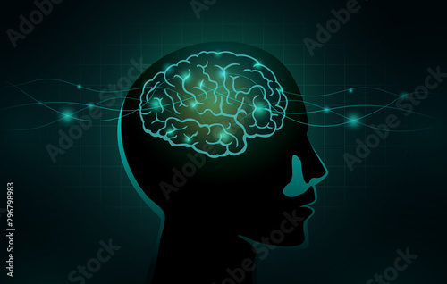 Small cells and wave line move into the Human brain. Concept Illustration about work of nervous system and brain networks.