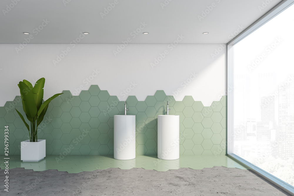 White and green tile bathroom, freestanding sink - obrazy, fototapety, plakaty 