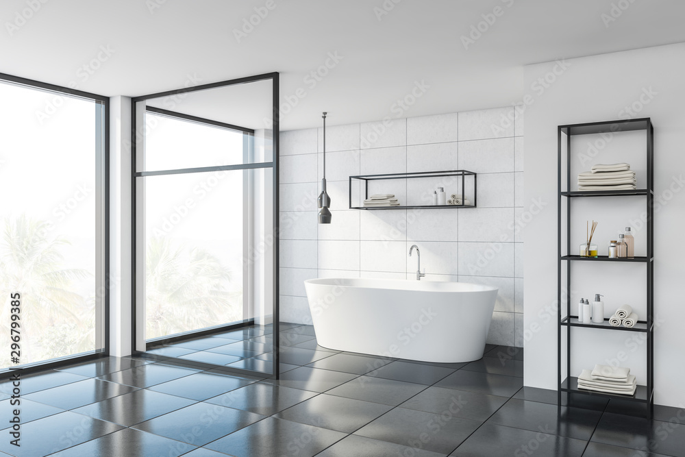 White tile and glass bathroom corner White tile and glass bathroom corner