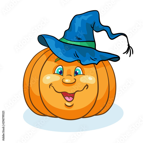 Big funny pumpkin in a witch hat. Symbol of Halloween isolated on a white background.