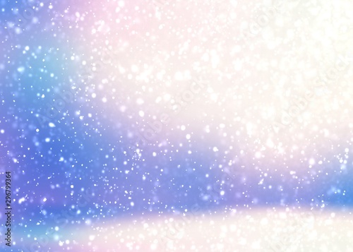 Winter holiday room interior. Snow magical 3d background. Bright blue lilac pink blurred texture. New Year decoration. 