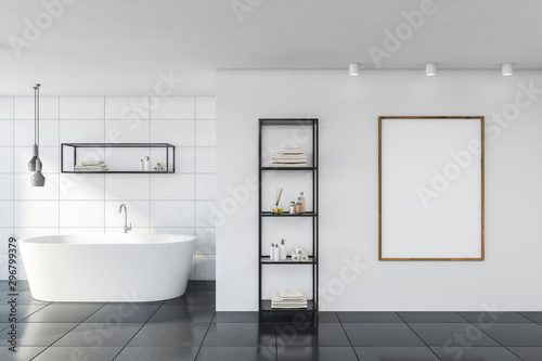 White tile bathroom with vertical poster