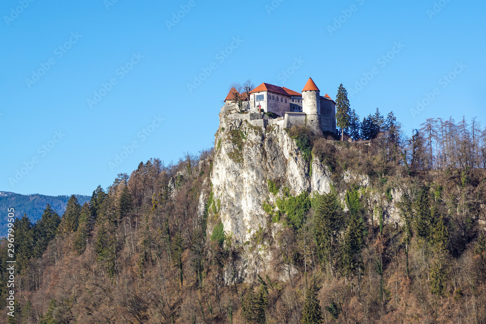 Bled Castle built on top of a cliff overlooking lake Bled, located in Bled, Slovenia.