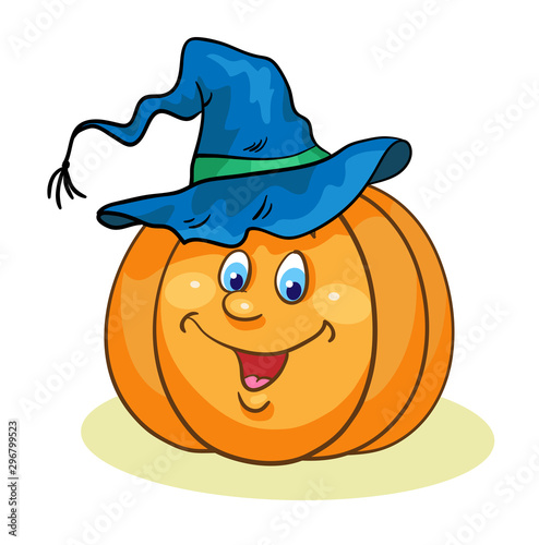 Big funny pumpkin in a witch hat. Symbol of Halloween isolated on a white background. In cartoon style.