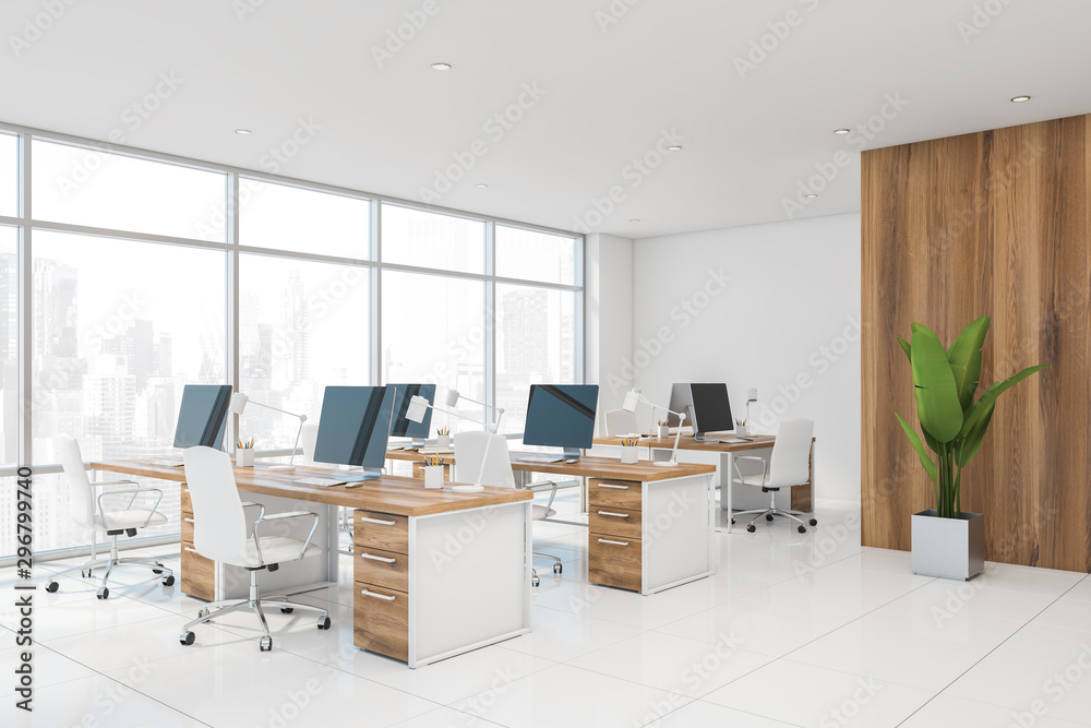 White and wooden modern office corner - obrazy, fototapety, plakaty 